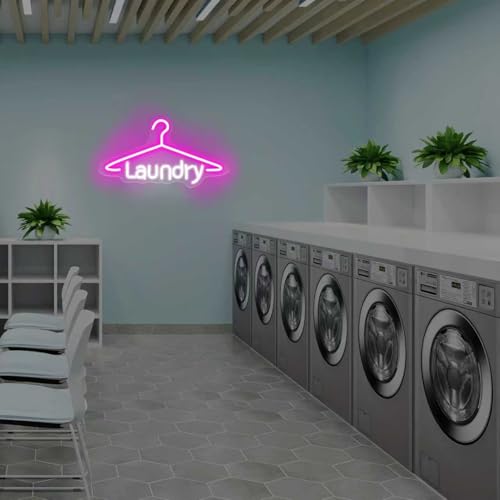 Image of Laundry Neon Sign Laundromat Led Neon Sign Washing Machine LED Light | USB Powered Neon Sign For Laundry Room Laundry Wall Art Laundry Room Decors 16.5 inchx9.1 inch, Pink+White