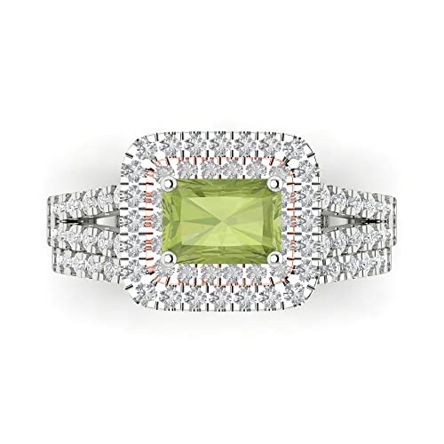 3.05ct Emerald Cut Natural Peridot 14k White/Rose Gold Halo Solitaire with Accents Wedding Bridal Promise Ring Band Set