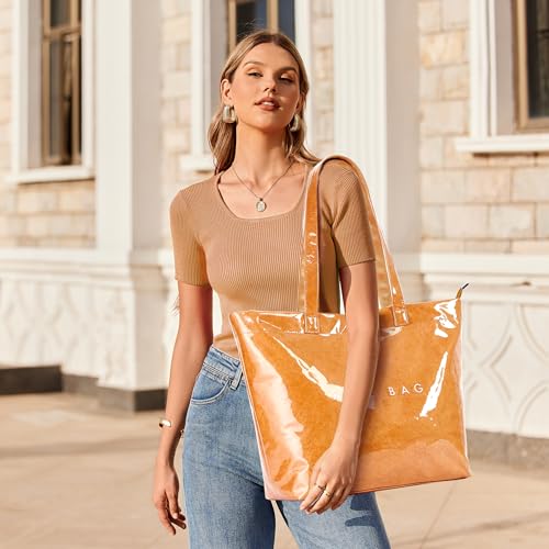 Image of KALIDI PVC Zipper Tote Bag, Jelly Kraft Paper Beach Bag Large Hobo Carry All Travel Shopping Handbag Plastic Shoulder Bag
