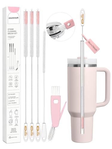 Image of 15 Inch Extra Long Straw Cleaner Brush Set, 5PCS for Stanley 40 oz Tumblers | 4 Straw Brushes in 6 /8 /10 /12mm plus a 3-in-1 Cup Lid Brush, Reusable Cleaning Kit for Owala, Yeti and 20-40 oz Tumblers, Pink