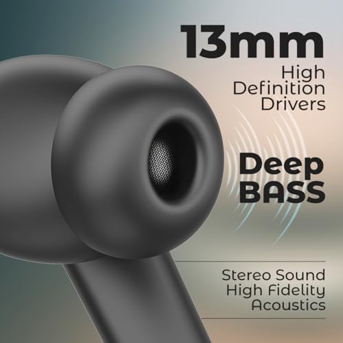 Image of pTron Bassbuds Bliss TWS Ear Buds w / 4 QuadPro Mics, 3D Audioscape, AI-ENC Calls, 40H Playtime, 50Ms Low-Latency Game /Music Modes, BTv5.3, Type C Fast Charging & IPX5 Water Resistant (Obsidian)