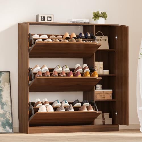 Image of BORNOON Shoe Cabinet with Side Storage, Shoe Organizer with 3 Flip Drawers