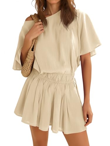 Yousify Womens Off Shoulder Summer Dresses Batwing Sleeve Cinched Waist Mini Dress Casual Ruffle A-Line Short Dress Khaki