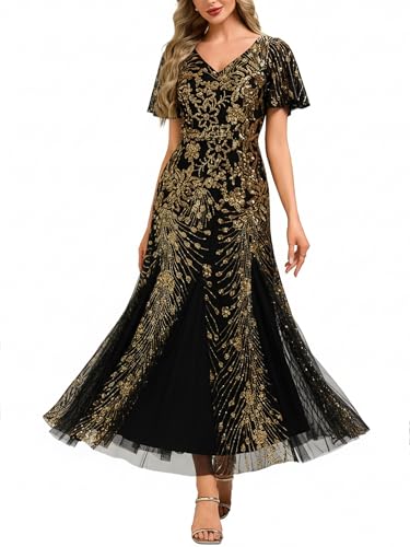 Ever-Pretty Women's Elegant Sequin Formal Evening Dress Mermaid V-Neck Short Sleeves Mother of Bride Dresses Black and Gold US10