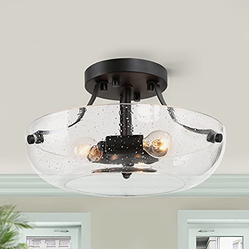 Exclusive Discount 60% Price LALUZ Semi Flush Mount Ceiling Light Modern Fixture with Seeded Glass for Bedroom, Hallway, Kitchen, Dining & Living Room, Stairway and Bathroom, Black