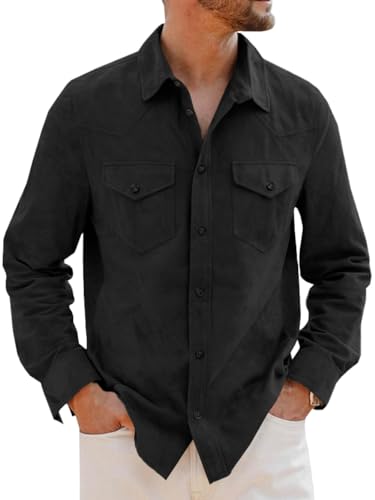 Runcati Mens Long Sleeve Suede Shirts Button Down Shacket Casual Work Western Regular Fit Shirt Jacket, Black, XXL