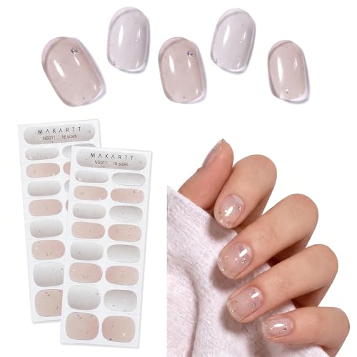 Makartt Semi Cured Gel Nail Strips Kit 2 Packs – Real Gel, Hema & TPO Free, 16 Sizes Anti-Lift Fit, UV Light Required, Salon Quality, Long Lasting, Includes Dual-Ended Tool & Prep Kit (Nude Sparkle)
