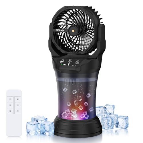 Wilody Misting Fan Portable Camping Fan Battery Powered with Remote Control RGB Ambient Light with 2L Bucket Battery Indicator 120 Auto Oscillating Timing Function Grip Handle(Black)