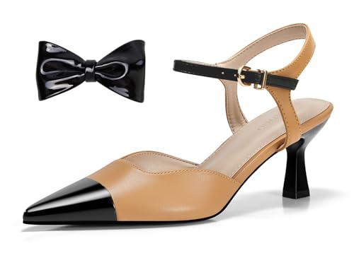 Coutgo Womens Kitten Heels Dress Shoes Closed Pointed Toe Ankle Strap Bow Pumps
