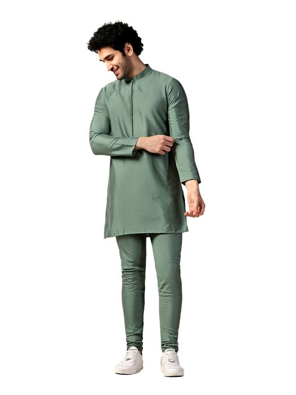 Kisah Men's Kurta Churidar Set, Green Cotton Blend, Solid Regular Fit Long Sleeves Mandarin Collar (38)