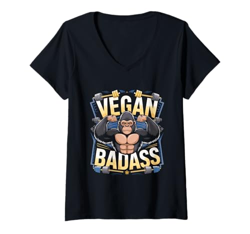 Mujer Vegano Badass Gorilla Gym Muscle Veggie Camiseta Cuello V