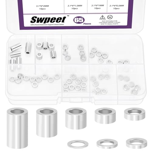 Swpeet 65Pcs 8 Sizes M3 Aluminum Spacer Assortment Kit, 3.1×6mm(ID×OD) Silver Aluminum Standoff Column Spacer, Round Spacer Unthreaded Standoff Bushing Plain Finish, Length 0.5/1/1.5/2/2.5/3/6/10mm