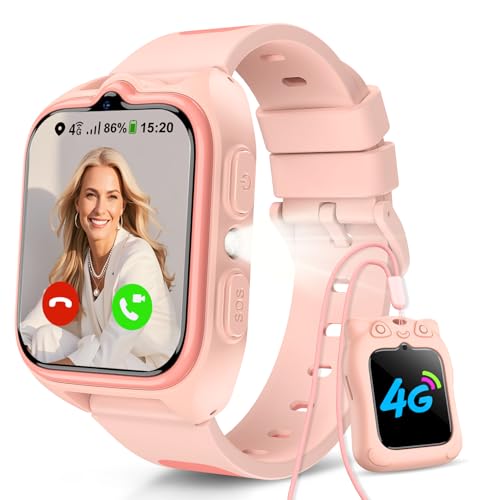 Reloj Inteligente Niño 4G, Smartwatch Niñas con GPS, Videollamadas, Ilamadas, Chat de Voz, 2025 Smartwatch con Linterna, Modo Escuela, SOS, Funda de Silicona Suave, Cámara, Batería Grande de 800 mAh