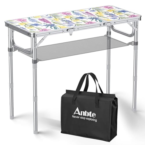 Anbte 3ft Folding Camping Table with Storage Net & Bag, 3 Adjustable Height Max 27.5" Outdoor Folding Table Lightweight, Portable Handle for Outdoor Indoor Camping Beach RV Picnic, Blooming Floral