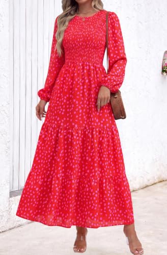 Image of PRETTYGARDEN Women's Fall Dresses 2026 Long Sleeve Flowy Casual Floral Maxi Dress Crew Neck Smocked Tiered Long Dress