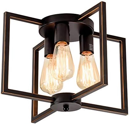 Farmhouse 3-Light Ceiling Light Fixture, Industrial Semi-Flush Mount Light with Metal Cage, Black Painted Finish for Kitchen Hallway Living Room Bedroom (NO Bulb)