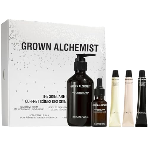 Grown Alchemist Skincare Icons Set Kit, Hydra-Restore Lip Balm, Gentle Gel Facial Cleanser, Hydra-Restore Day Cream, Skin Renewal Serum & Skin Defense Primer. Hydrating & Anti-Aging Set 5-piece