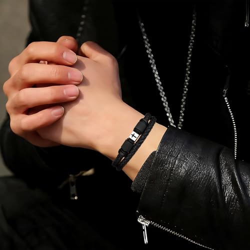 Pulsera de cuero trenzado con cruz cristiana para hombre miniatura 6