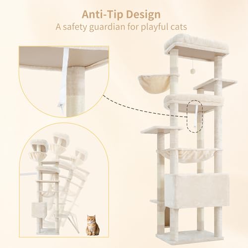Image of Heybly Tall Cat Tree for Large Cat, 80-inch Multi-Level Cat Tower HCT038M | Condo Furniture for Indoor Cats with Large Baseboard, 2 Widened Plush Perches, Scratching Board, Big Caves, Beige