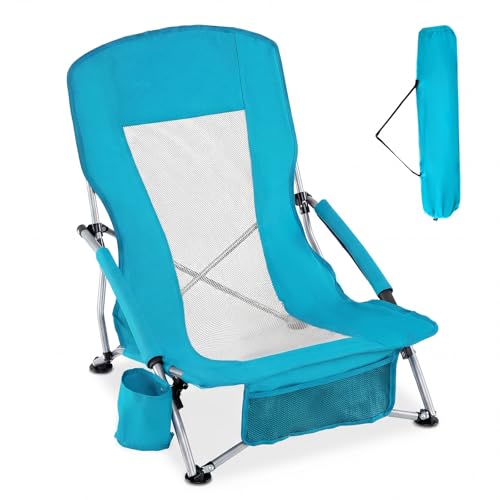 FANTASK Sedia da spiaggia pieghevole leggera, da campeggio, con schienale in rete, portabicchieri e tasca a rete, ultraleggera, per spiaggia, giardino, escursionismo