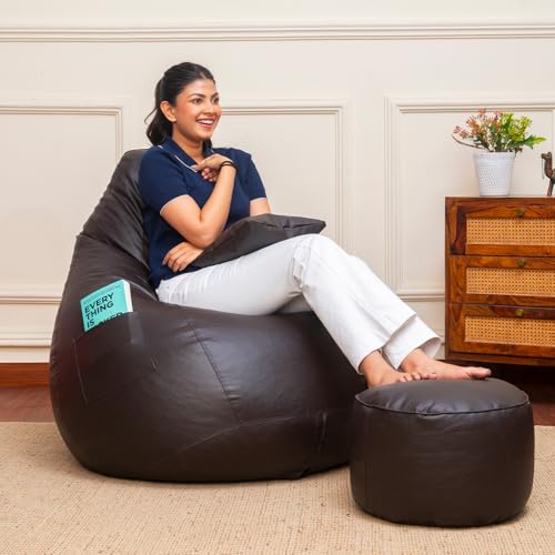 Sattva Classic 5XL Combo Bean Bag with Footstool & Cushion | Faux Leather Teardrop Bean Bag for Adults & Teens | Pre-Filled with Beans | Home, Bedroom, Living Room, Office – Brown