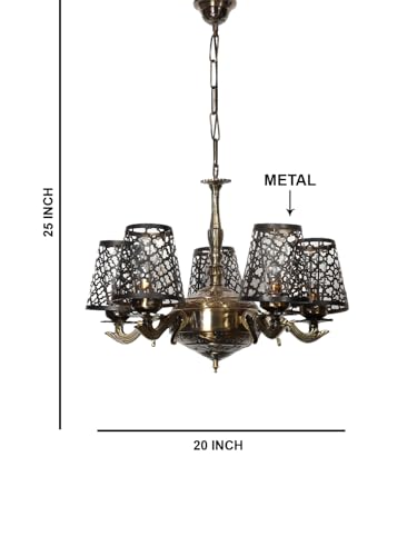 Image of Devansh 05 Lights Metal Etched Shade with Antique Golden Chandelier -Y