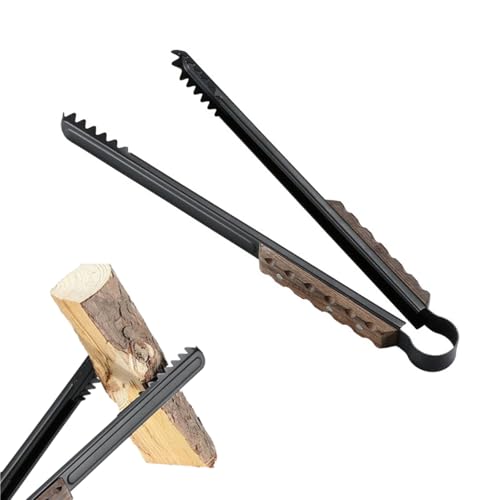 Pince à bois de cheminée de camping, avec pince dentelée en forme de ciseaux pour feu de camp, avec main en bois anti-brûlure, longueur 40,6 cm