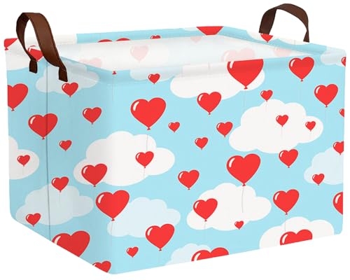 Image of Valentines Day Basket Large Foldable Heart Shaped Storage Box for Gifts Kids Empty Storage Bins Rectangular Toy Organizer Decor (Balloon Love)