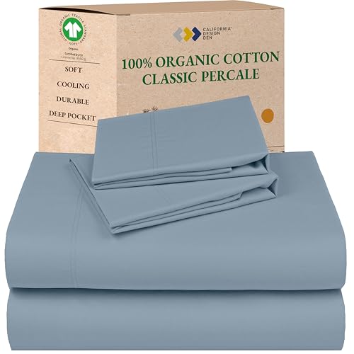 California Design Den 100% Organic Cotton Sheets King - Cool and Crisp Percale Sheets King Size Set with Deep Pockets, Durable Bedding Set - Blue Hydrangea