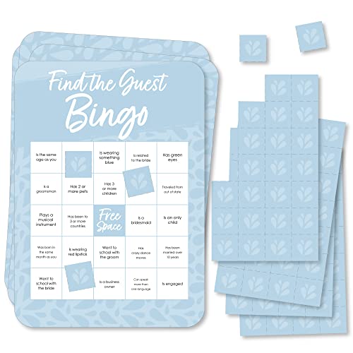 Jeu de bingo mariage bleu poussière et cartes d'animation Find the Guest festif