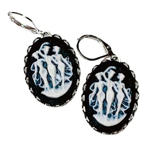 Black and White Three Graces Cameo Earrings Silvertone