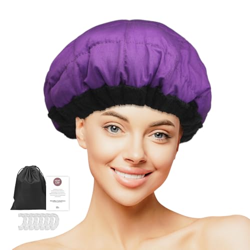 MQUPIN Bonnet Chauffant Cheveux Soin, Bonnet Chauffant Capillaires Profondément pour Tous Types de Soins, Casque Chauffant en Profondeurcoton en Microfibre, Chauffage par Micro-ondes(Violet)