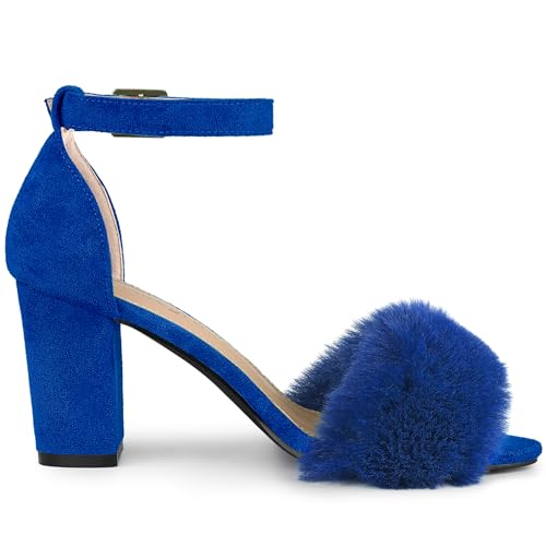 Allegra K Allegra K Women's Ankle Strap Faux Fur Block Heels Deep Blue Sandals 11 M US