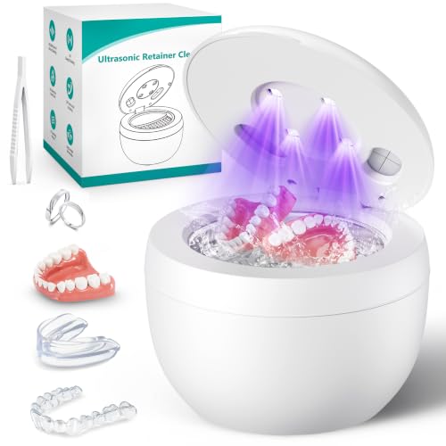 Upgraded Ultrasonic Retainer Cleaner, 45kHz Ultrasonic Dentures Cleaner for Night Guards, Braces, Aligner, Toothbrush, Jewelry and More, 4 Modes Cleaning Pod 200ML