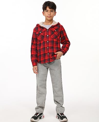 Image of ZENTHACE Boys Sherpa Fleece Lined Flannel Plaid Button Down Shirt Jacket,Hooded Flannel Shirt with Hand Pockets