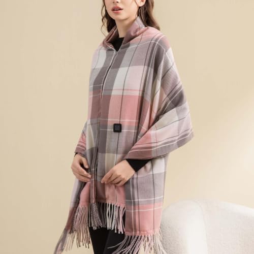 2 in 1 Plaid Heated Shawl Wraps W/Tassels 3 Temp Mode 78×26‘’,Pink - image 4