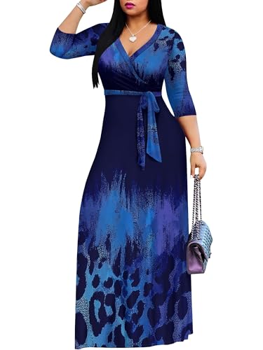 Image of PinkPatty Plus Size Maxi Dresses for Women Casual Flowy Long Dress 3 /4 Sleeve V Neck Wrap Dress with Belt