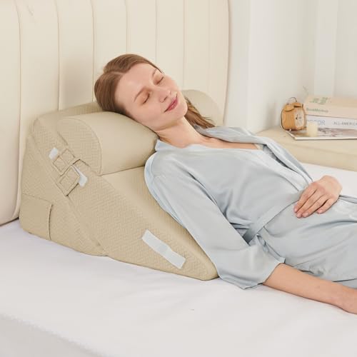 Image of Sasttie Wedge Pillow Set for After Surgery, 2PCS Adjustable Bed Wedge Pillow Headboard with Memory Foam Neck Cushion - for Acid Reflux, Sleeping, Neck & Back Support, Beige