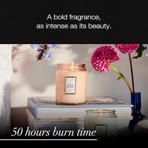 Image of Voluspa Jasmine Midnight Blooms Glass Jar Candle, 5.5oz, Coconut Wax Blend, Scented Candles for Home, 50 Hour Burn Time, Handcrafted in the USA