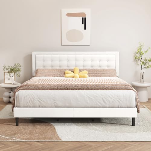 alazyhome King Size White Modern Upholstered Platform Bed Frame with Button Tufting Headboard Solid Wood Slats Support No Box Spring Needed Easy Assembly