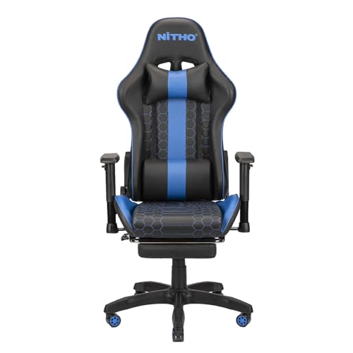 Image of NiTHO ACE Gaming Chair with Foldable Footrest | Ergonomic Reclining Computer Desk Chair with Head & Lumbar Pillows, Adjustable Armrests, 135 Tilt, Swivel Office Chair for Gaming or Home Office, Blue