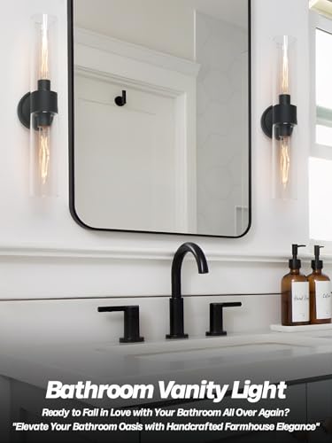 Image of Modern Wall Sconces Set of Two,Black Bathroom Vanity Light with Handblown Clear Glass Indoor Hardwired Wall Sconce Light for Bathroom Bedroom Living Room Hallway Stairway E26