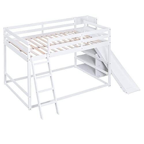 Full Over Full Low Bunk Bed With Slide And Storage Shelves, Wooden Floor Bunk Bed Frame With Ladder, Convertible Full Size Loft Bed With Bookcase For Kids Boys Girls Teens, White #TOP3