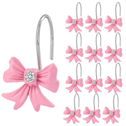 Pink Bow Knot Shower Curtain Hooks, 12 PCS Cute Girl Decorative Shower Curtain Rings, Resin Shower Hanger for Bathroom, Bedroom, Baby Room, Art Decor