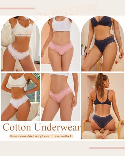 Image of Sth Big Womens Cotton Underwear Sexy Lace Brazilian Panties Soft Breathable Cotton Bikini for Ladies 6 Pack