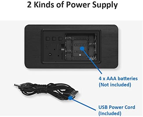 belakang view of the ThreeH Wooden Digital Alarm Clock showing battery compartment and USB port