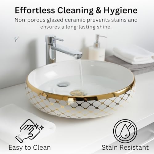 Image of Wallace Premium Countertop Wash Basin 60x40x15 cm | Oval Ceramic Table Top Sink | White & Gold Finish | Glossy Designer Bathroom Vanity Wash Bowl | Modern Luxury Above Counter Basin