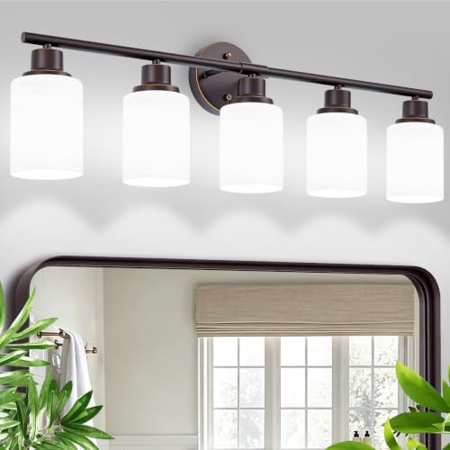 Image of 5-Light Bathroom Light Fixtures, Oil-Rubbed Bronze Gold Vanity Lights for Mirror with Textured Milky White Glass Shade, E26 Modern Kitchen Light Fixtures Wall Sconce Light