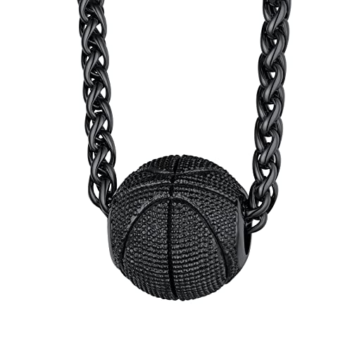 FindChic Sports Football/Basketball/Volleyball/Rugby/Baseball Necklaces for Men Boys Stainless Steel/ 18K Gold Plated/Black with 22inch Chain Athelets Jewelry, with Gift Box 02. basketball (