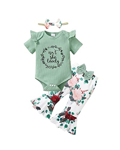 Image of HIGHUZZA Baby Girl Clothes Newborn Outfits Infant Romper Summer Short Sleeve Ruffle Froral Tops Headband Clothing Set 3Pcs